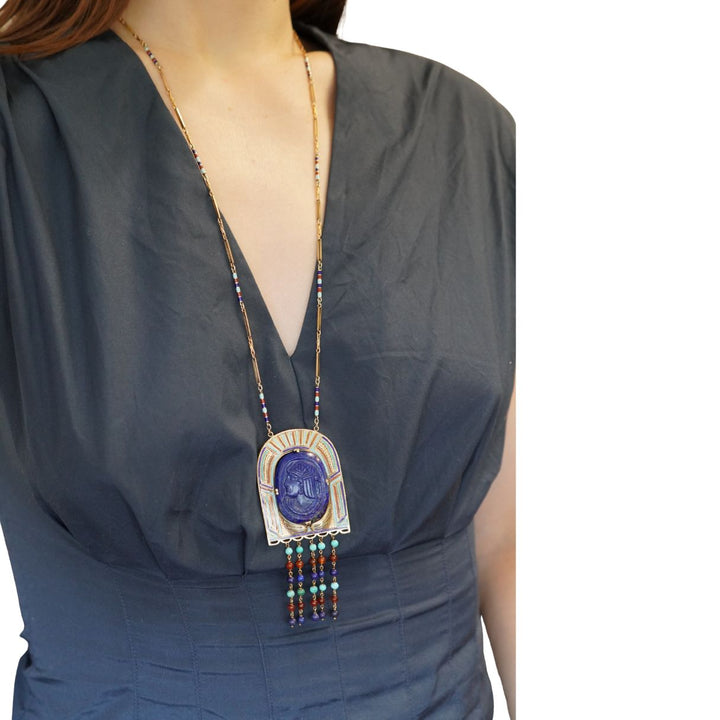 Egyptian Revival 14k Gold Gemstones Enamel Pendant Necklace