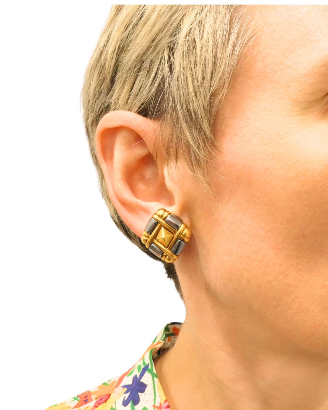 Bvlgari Bulgari Pyramid Collection 18k Gold Hematite Clip-On Earrings