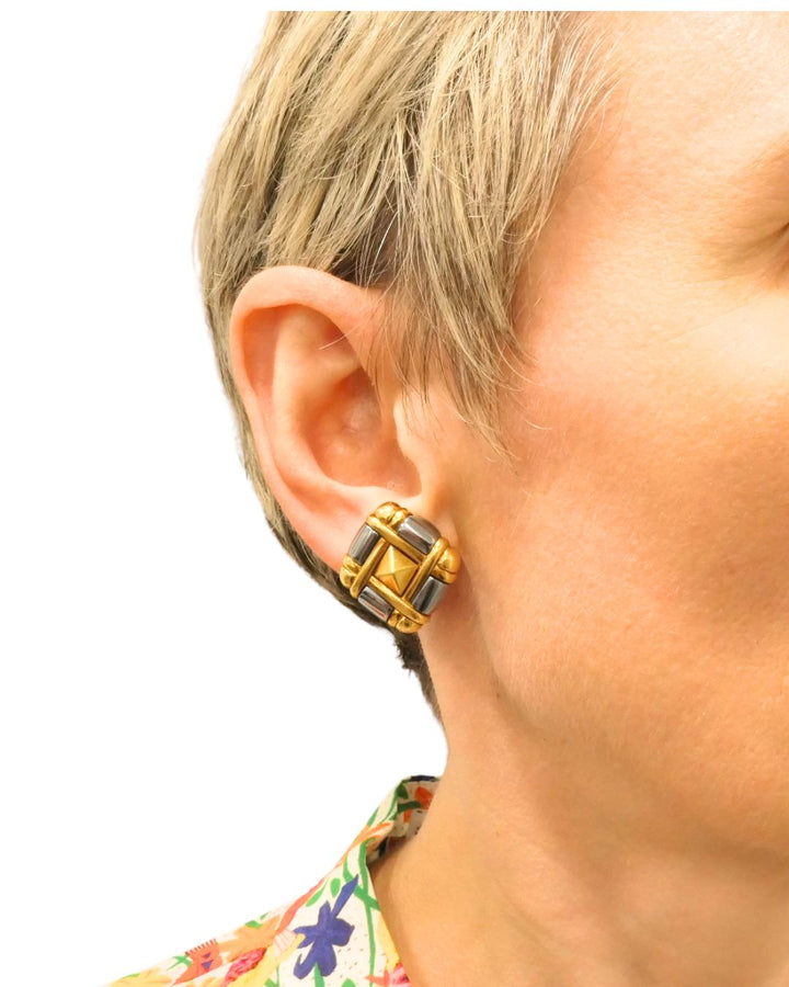 Bvlgari Bulgari Pyramid Collection 18k Gold Hematite Clip-On Earrings
