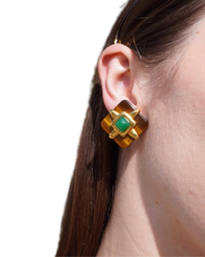 Aldo Cipullo Tiger’s Eye Earrings Chrysoprase 18k Gold Rhombus Shaped Earrings