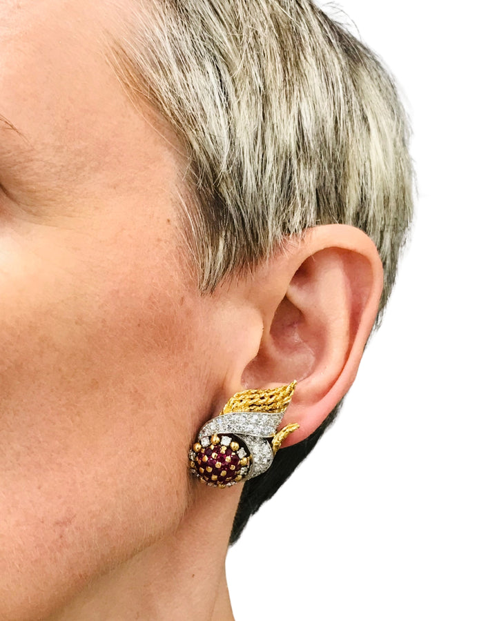 Lacloche Clip On Earrings 18k Yellow & White Gold Ruby and Diamond Earrings