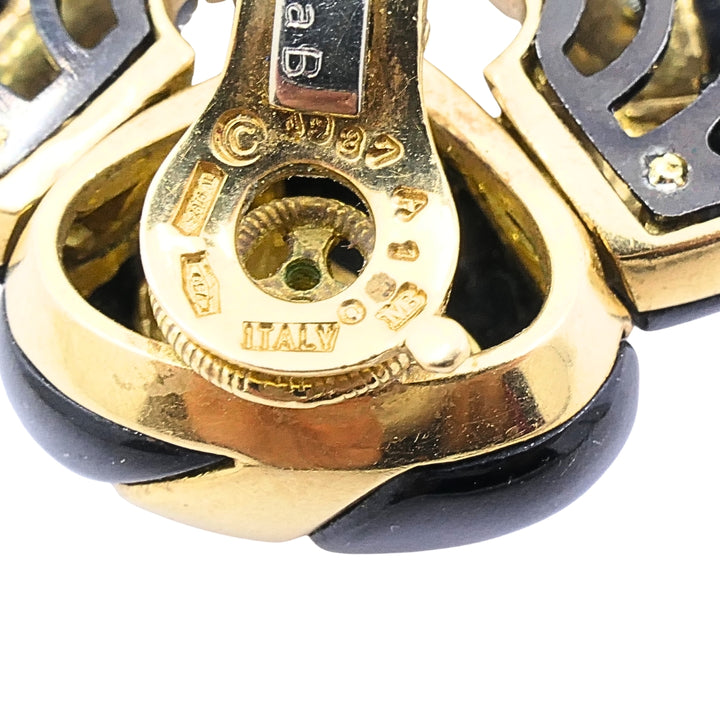 Marina B 18k Gold Black Enamel Heart Earrings Vintage Italian Designer Clip-Ons