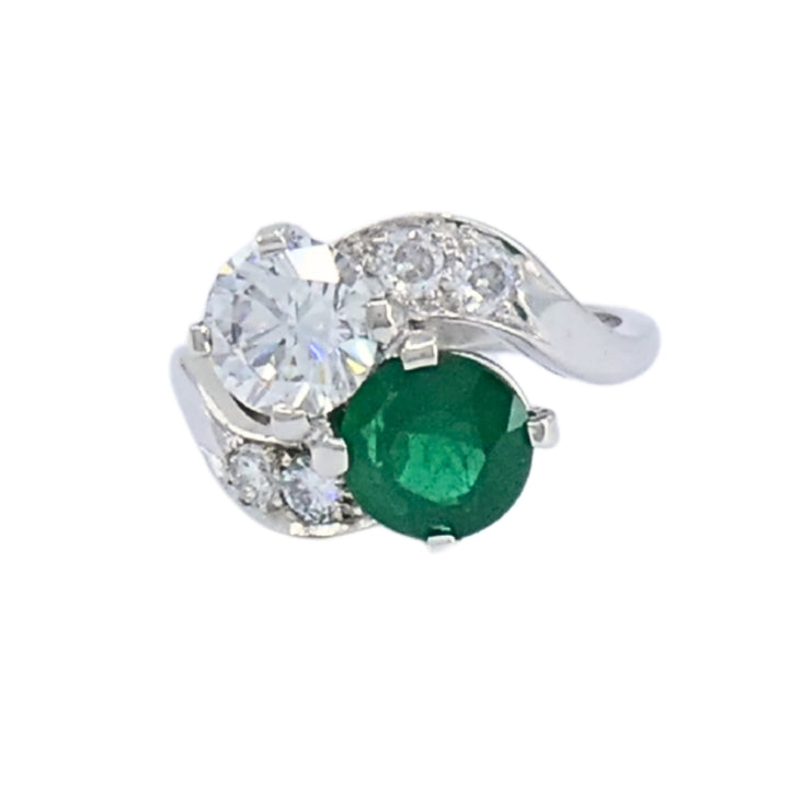 Vintage Platinum Toi et Moi Engagement Ring Diamond Emerald