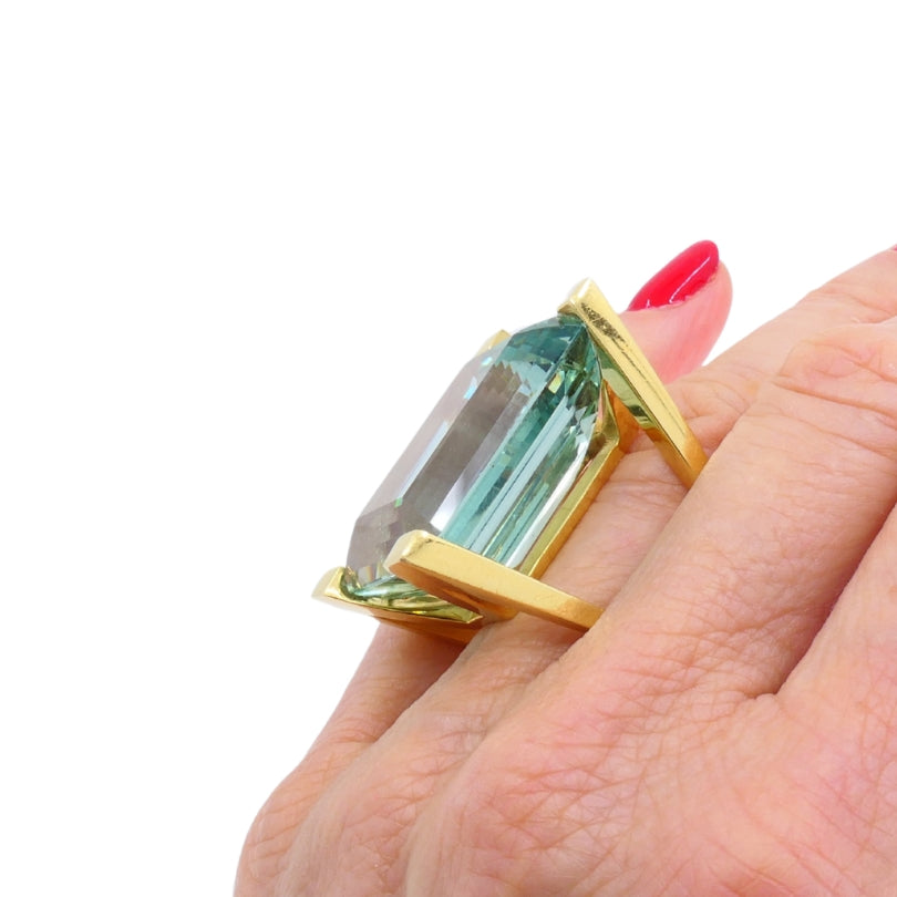 Vintage 18k Gold Aquamarine Ring 74-Carat French Jewelry Estate