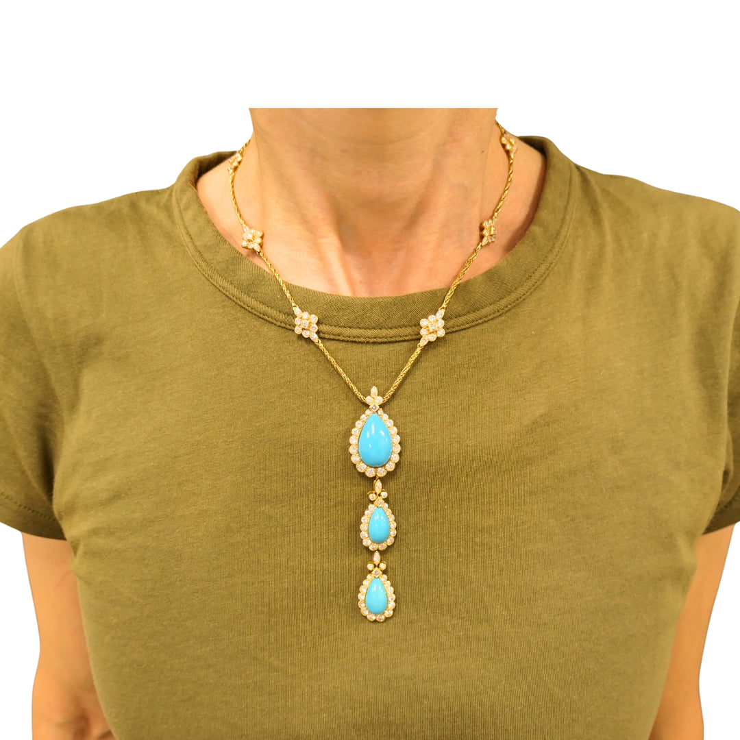 Chaumet Paris 18k Gold Diamond Turquoise Drop Necklace Three-Tiered Necklace