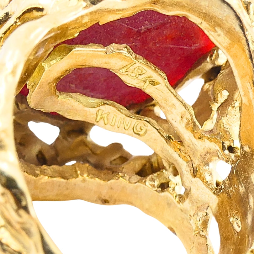 Arthur King 18k Gold Brutalist  Coral Cabochon Cocktail Ring