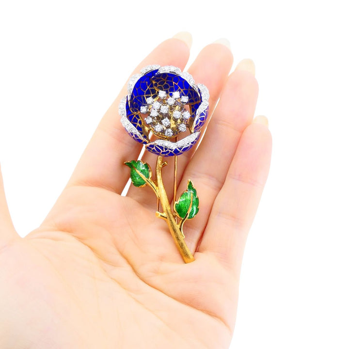 Vintage 18k Gold Diamond Enamel Flower Pendant Clip Brooch