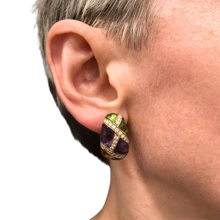 Bvlgari Vintage Bulgari Huggie Earrings Gold Diamond Gemstones