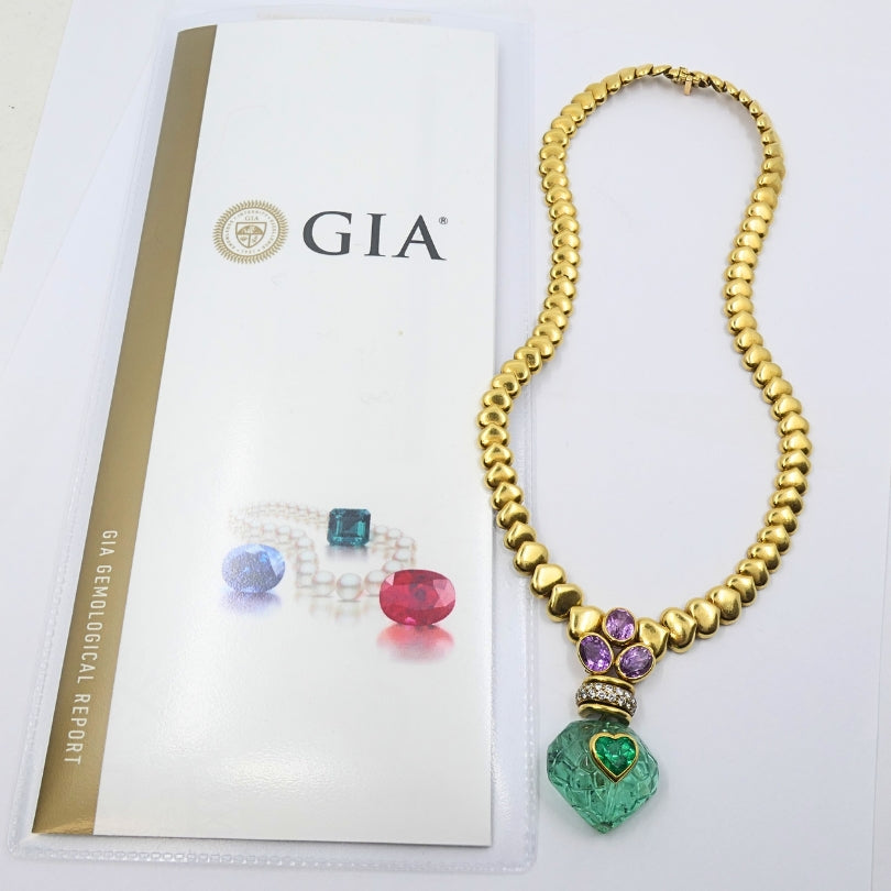 André Vassort 18k Gold Necklace Emerald Heart Pendant GIA