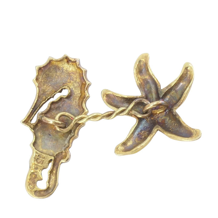 Vintage LOZ 18k Gold Enamel Turtle Seahorse Starfish Shell Cufflinks