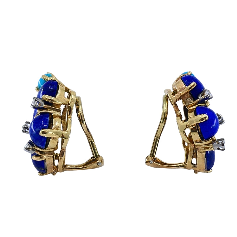 Vintage 14k Gold Lapis Lazuli Turquoise Diamond Brooch & Earrings Set