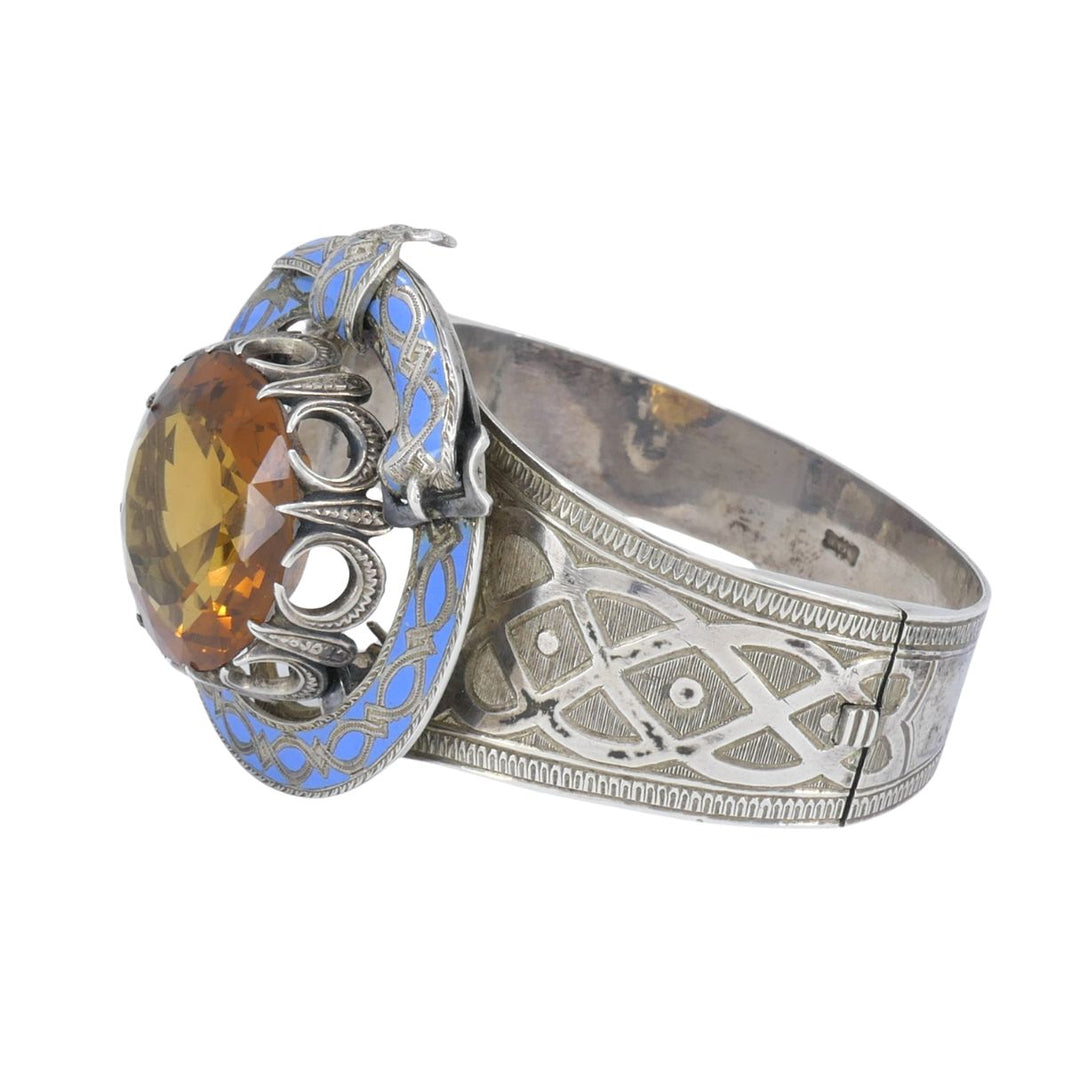 Antique Victorian Mackay Scottish Silver Blue Enamel Citrine Hinged Bracelet
