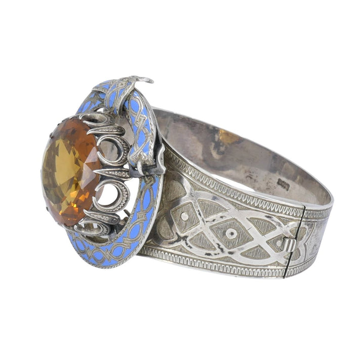 Antique Victorian Mackay Scottish Silver Blue Enamel Citrine Hinged Bracelet