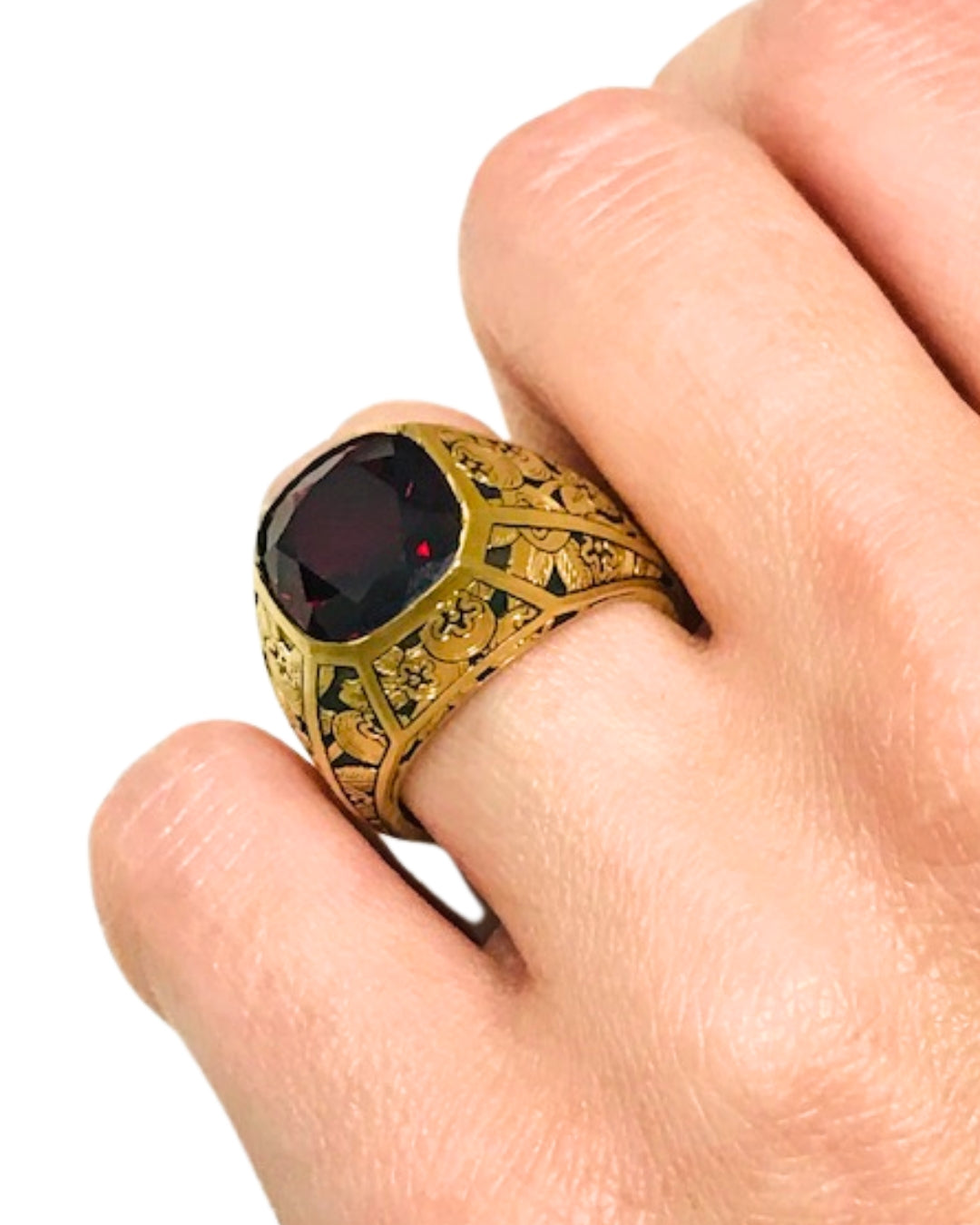 Garnet Ring Engraved 18k Gold Men Ring Cushion Cut
