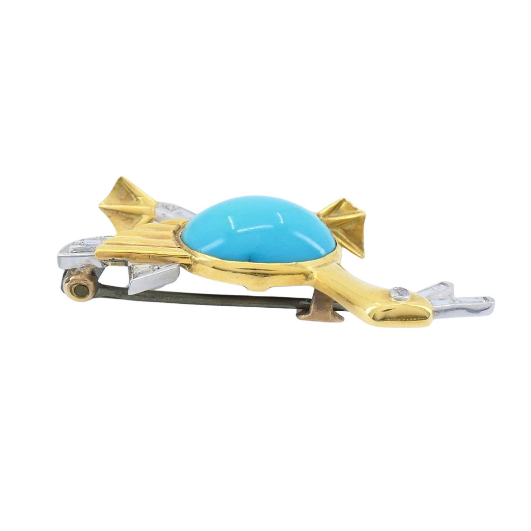 Marchak French 18k Gold Platinum Diamond Turquoise Duck Brooch