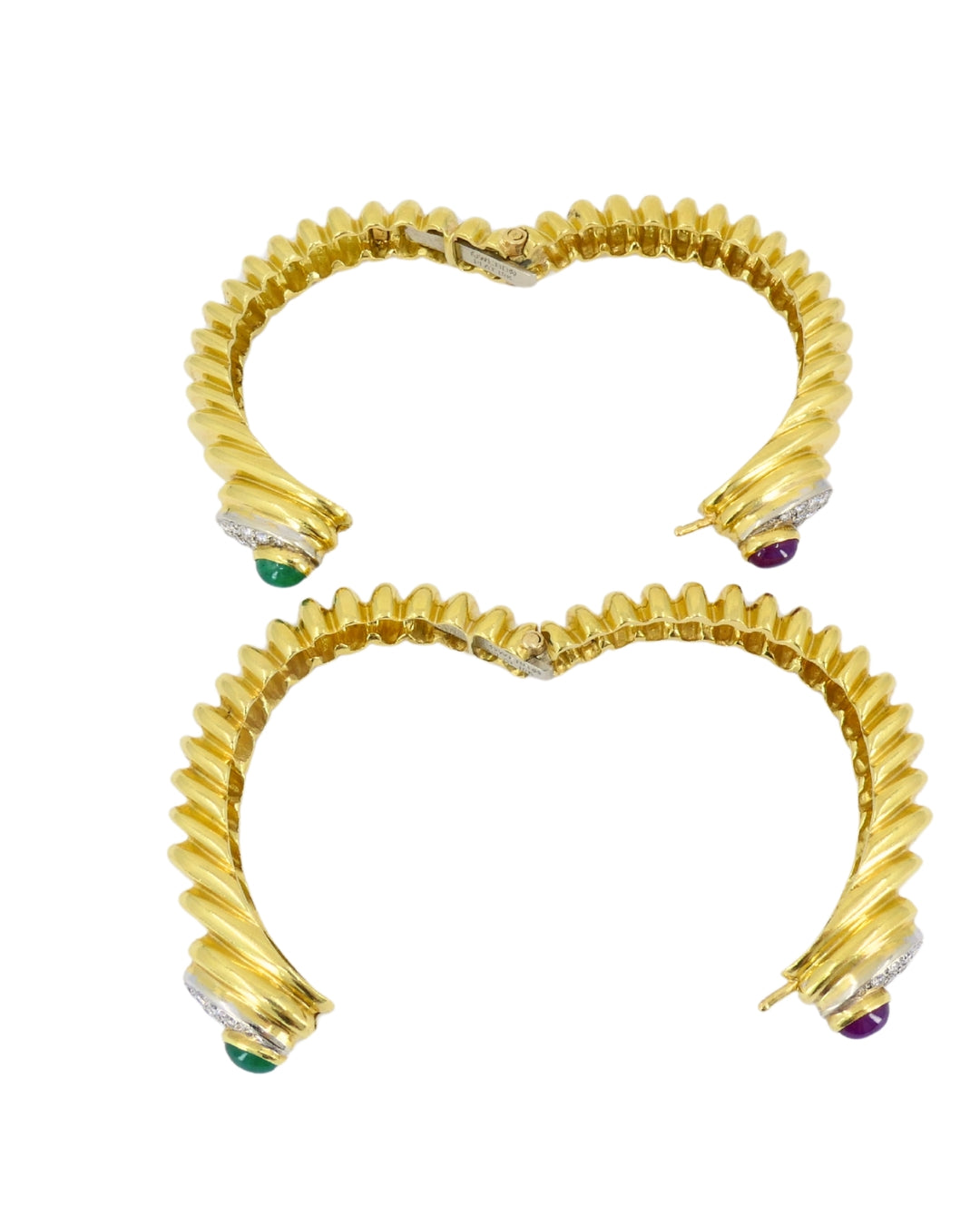 David Webb Pair of 18k Gold Bracelets Platinum Diamond Gemstone Cabochons