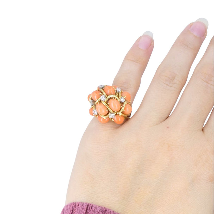 David Webb 18k Gold Coral Diamond Cocktail Dome Ring