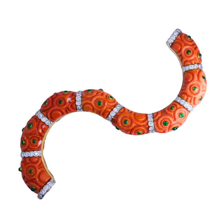 Steven Grotell Platinum and 18k Gold Bracelet Diamond Emerald Carved Coral