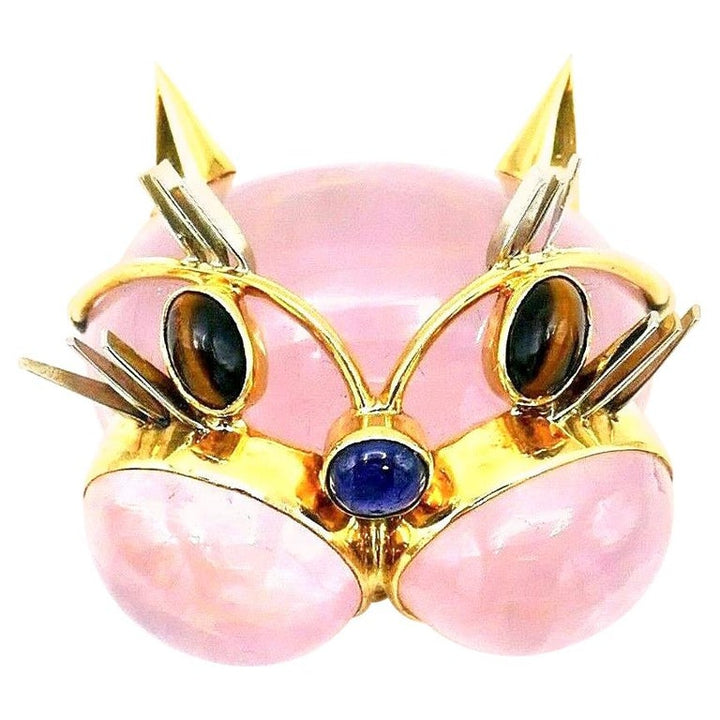 Tiffany & Co. Vintage Pink Quartz Gemstone Yellow Gold Cat Face Brooch