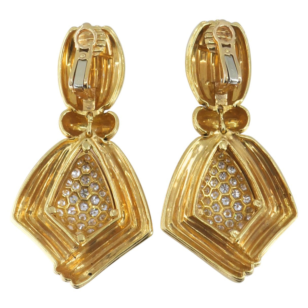 Vintage Boucheron Paris 18k Gold Diamond Ribbed Drop Earrings