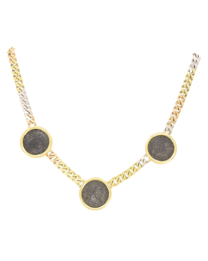 Bvlgari Bulgari Monete Coin Necklace 18k Tri Color Gold Chain Necklace Three Ancient Coins
