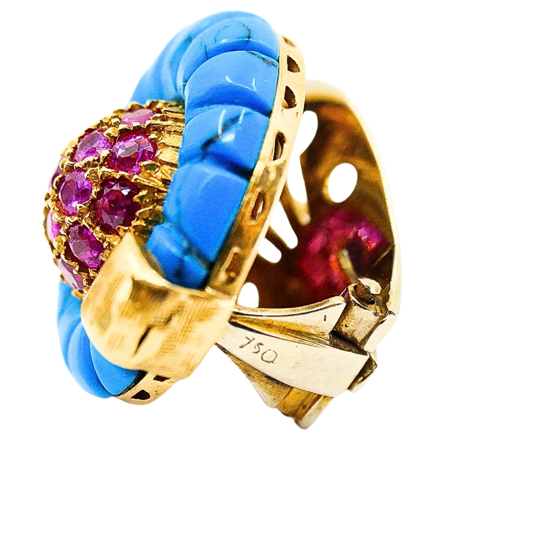 Vintage Carved Turquoise 18k Gold Ruby Stud Earrings