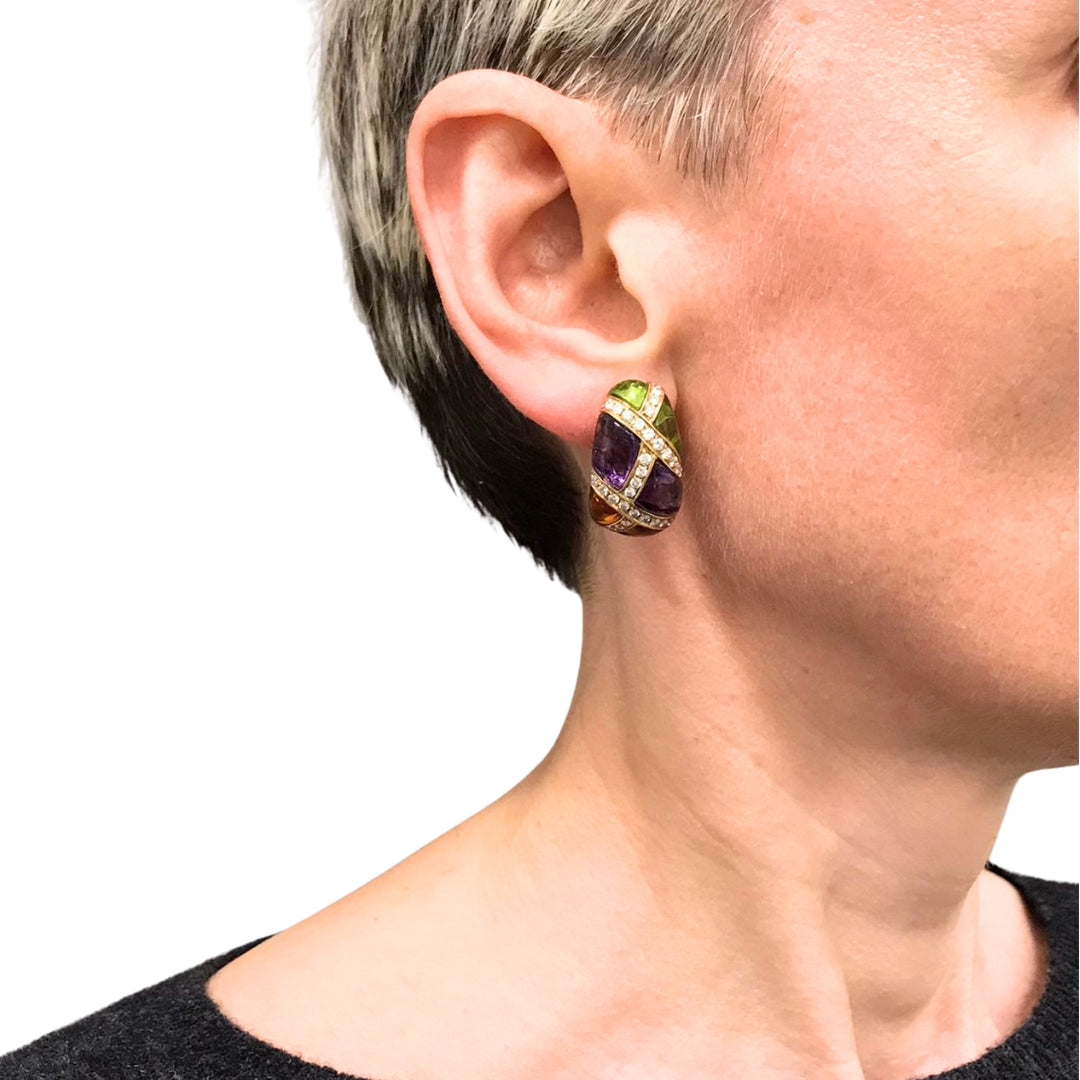 Bvlgari Vintage Bulgari Huggie Earrings Gold Diamond Gemstones