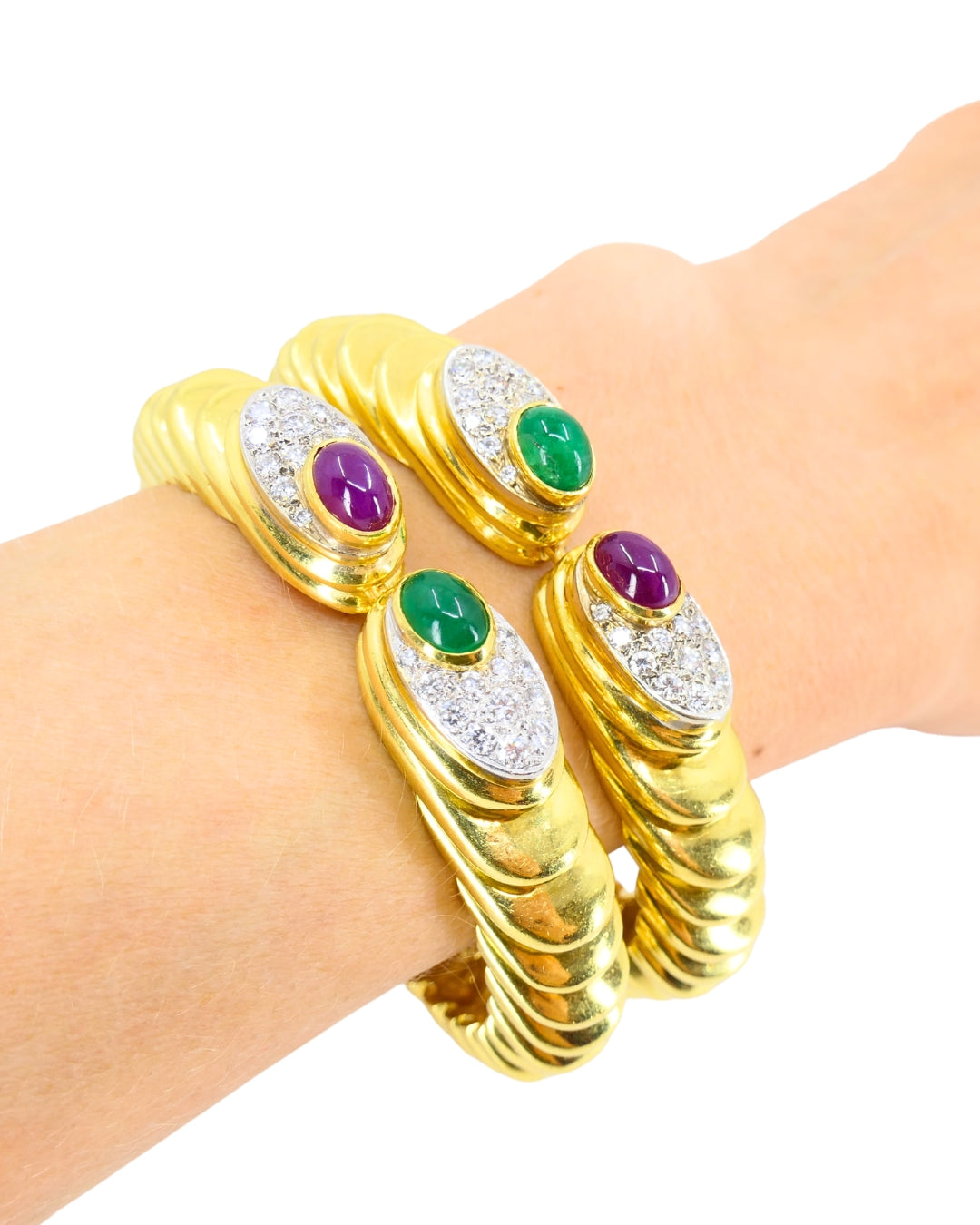 David Webb Pair of 18k Gold Bracelets Platinum Diamond Gemstone Cabochons