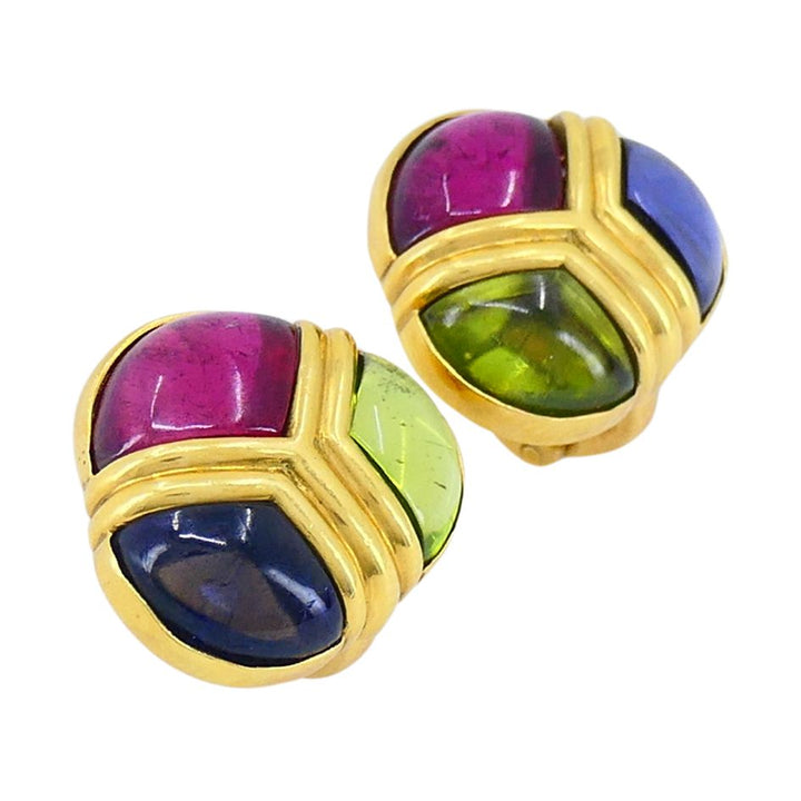 Vintage Bvlgari 18k Gold Sapphire Peridot Iolite Gemstone Earrings