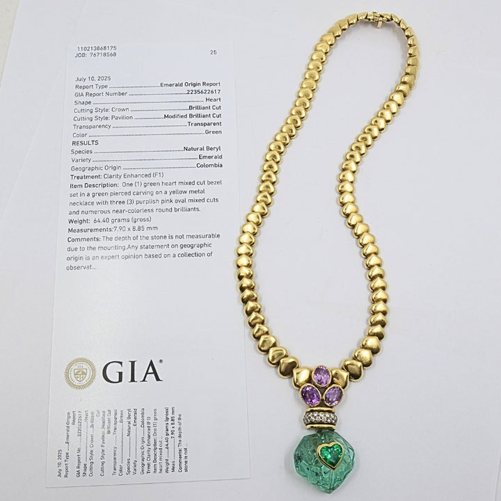 André Vassort 18k Gold Necklace Emerald Heart Pendant GIA