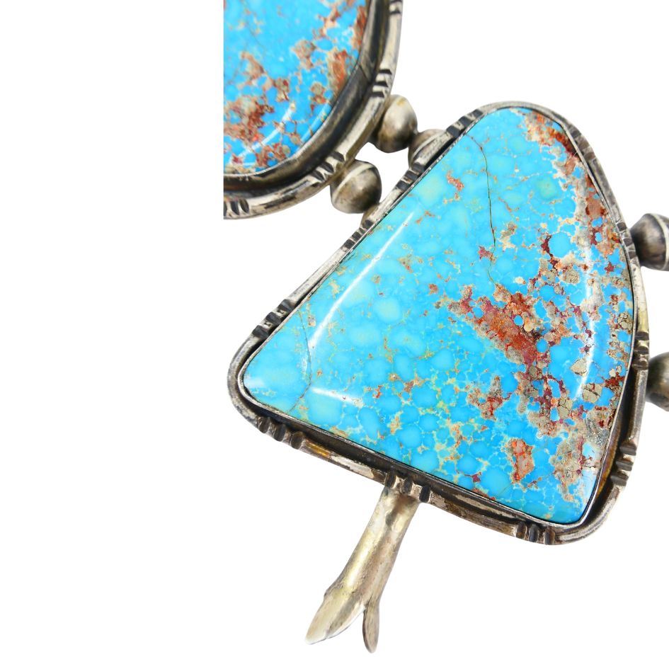 Signed Navajo Native Indian Sterling Silver Turquoise Squash Blossom Necklace