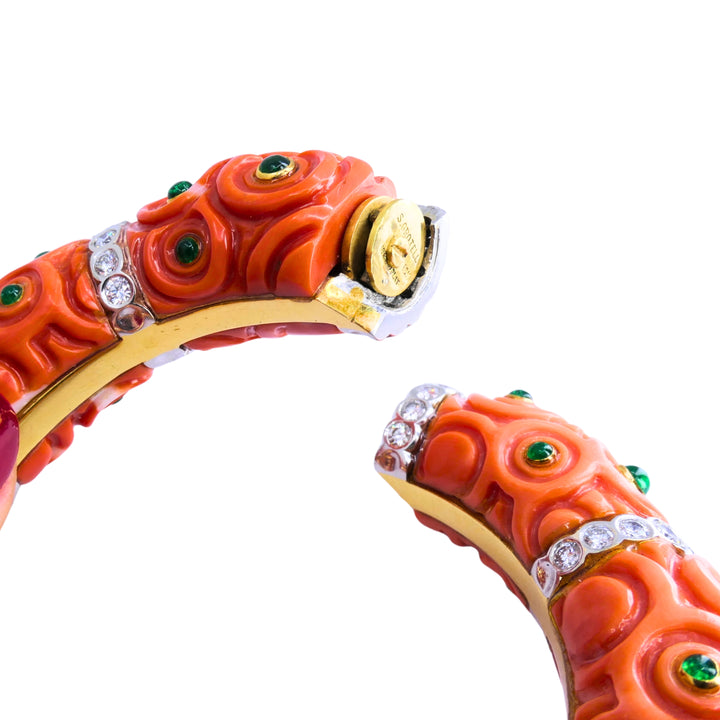 Steven Grotell Platinum and 18k Gold Bracelet Diamond Emerald Carved Coral