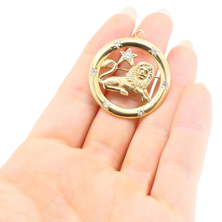 Vintage 14k Gold Diamond Leo Astrological Zodiac Pendant Pin