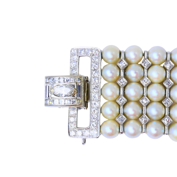 Vintage 1950s 14k White Gold Pearl and Diamond Bracelet Estate Jewelry