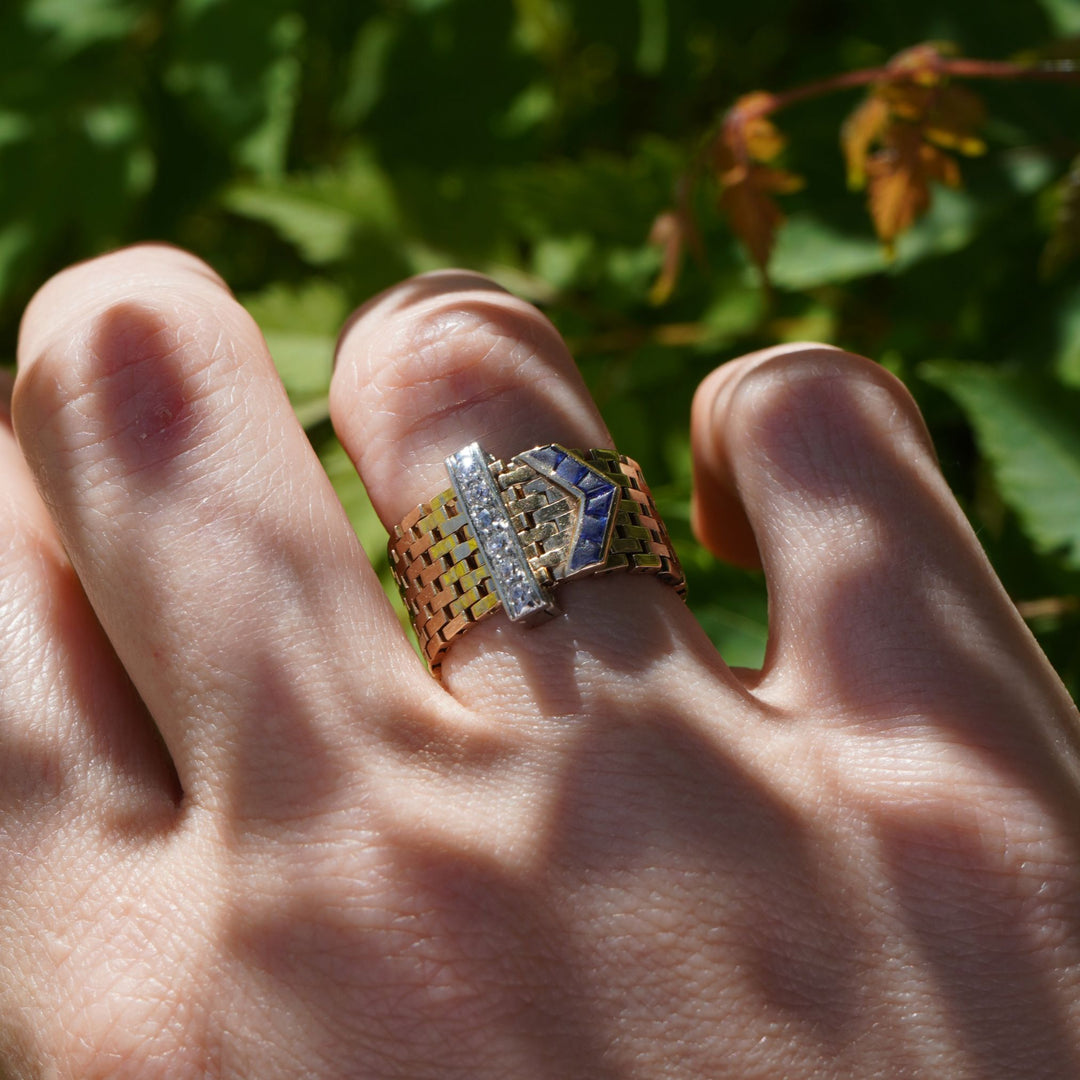 Vintage 14k Gold Platinum Diamond Sapphire Buckle Ring
