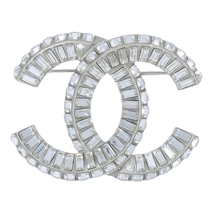 Chanel CC Logo Crystal Silver Pin Brooch