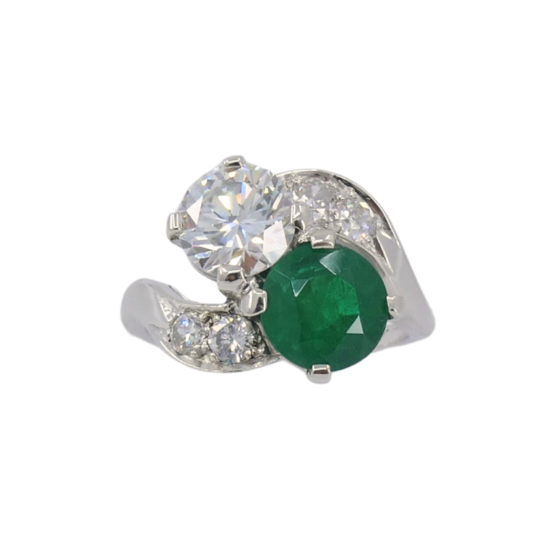 Vintage Platinum Toi et Moi Engagement Ring Diamond Emerald