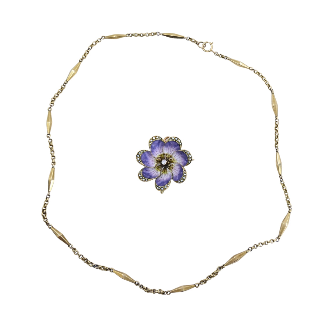 14k Gold Violet Flower Diamond Seed Pearl Pendant Brooch Necklace