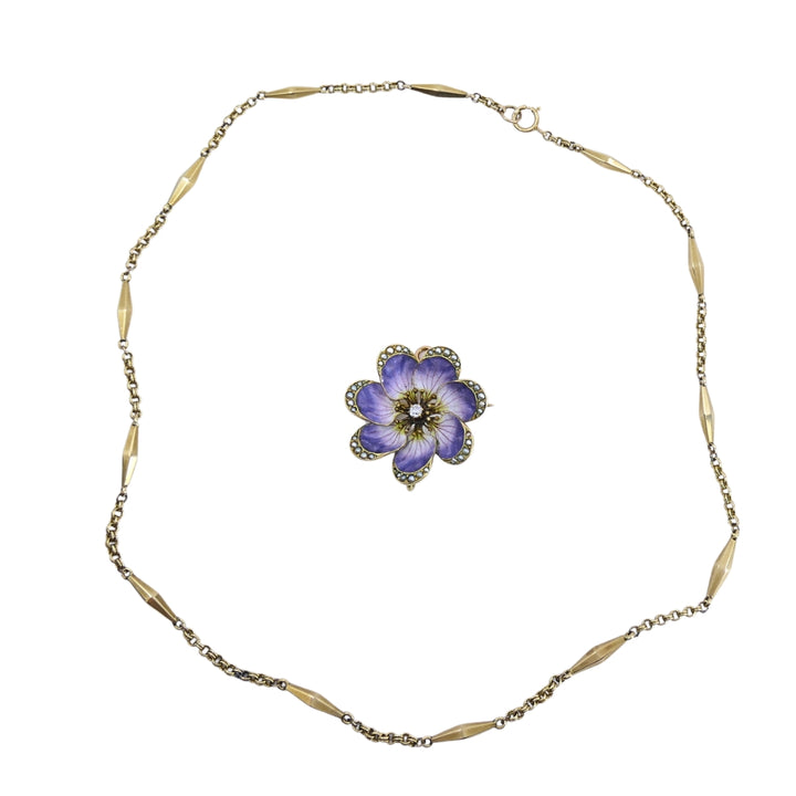 14k Gold Violet Flower Diamond Seed Pearl Pendant Brooch Necklace
