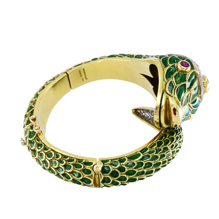 Vintage 18k Gold Platinum Snake Bangle Bracelet Diamond Yellow Sapphire Ruby