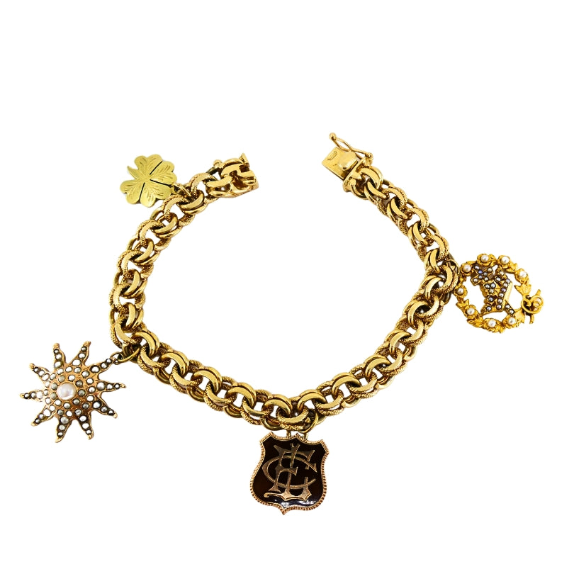 Victorian 14k Gold  Link Bracelet  Enamel Pearl & Engraved Charms