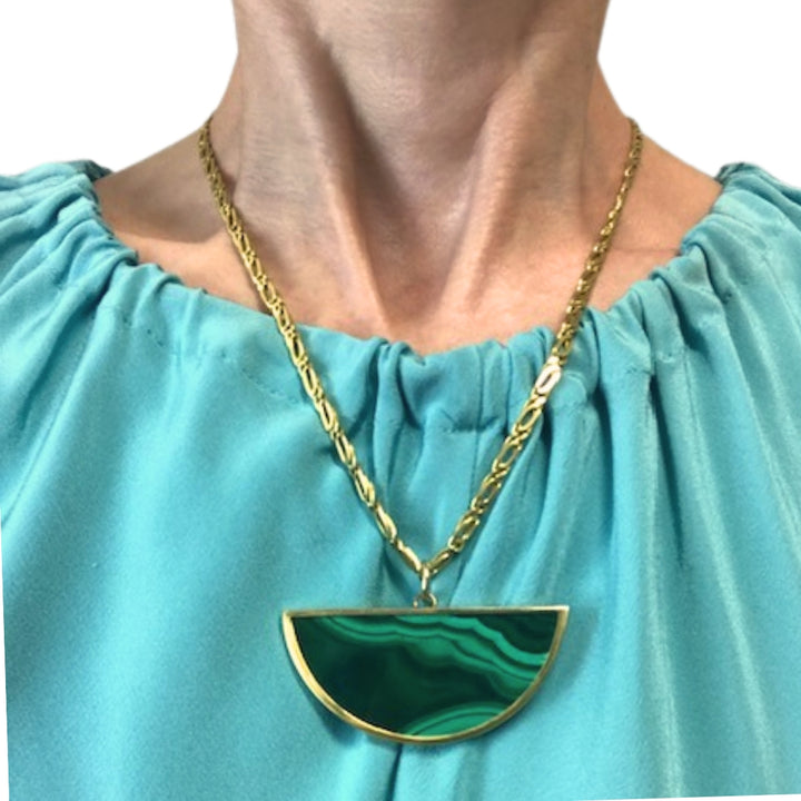 Vintage 18k Gold Necklace Malachite Pendant Oval Link Chain