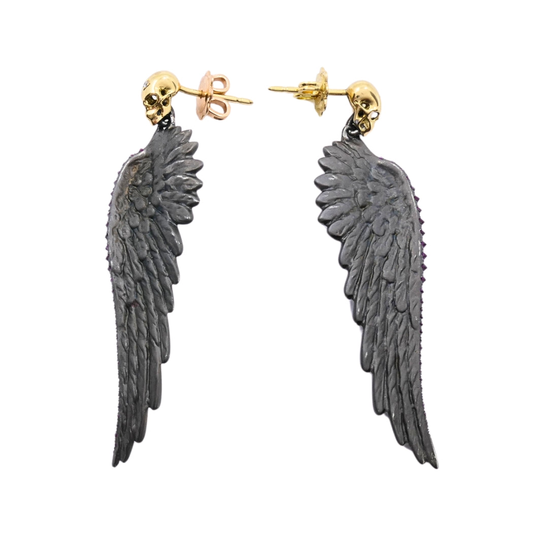 Theodoros 18k Gold & Sterling Silver Ruby Wing Skull Earrings