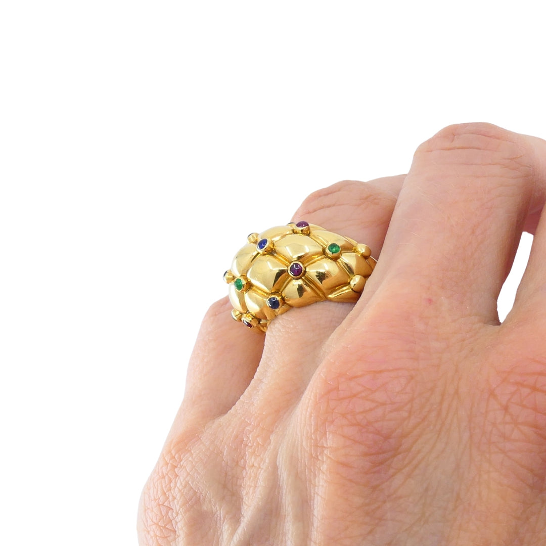 Vintage Chaumet 18k Gold Dome Cocktail Ring with Gemstones Original Box
