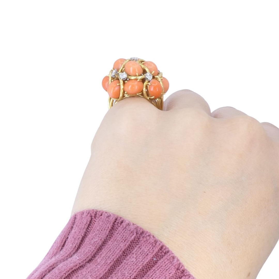 David Webb 18k Gold Coral Diamond Cocktail Dome Ring