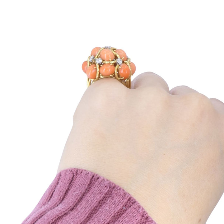 David Webb 18k Gold Coral Diamond Cocktail Dome Ring