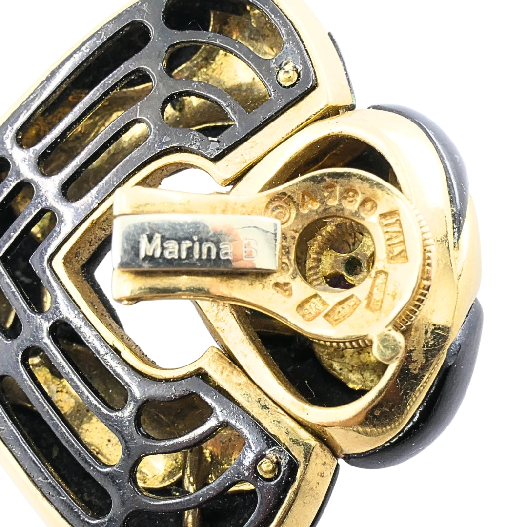 Marina B 18k Gold Black Enamel Heart Earrings Vintage Italian Designer Clip-Ons