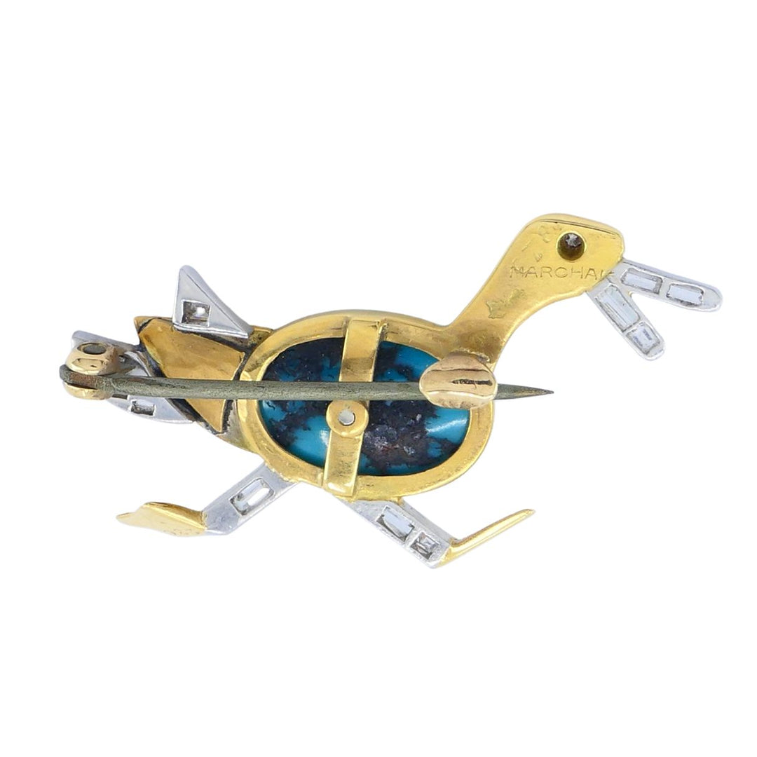 Marchak French 18k Gold Platinum Diamond Turquoise Duck Brooch