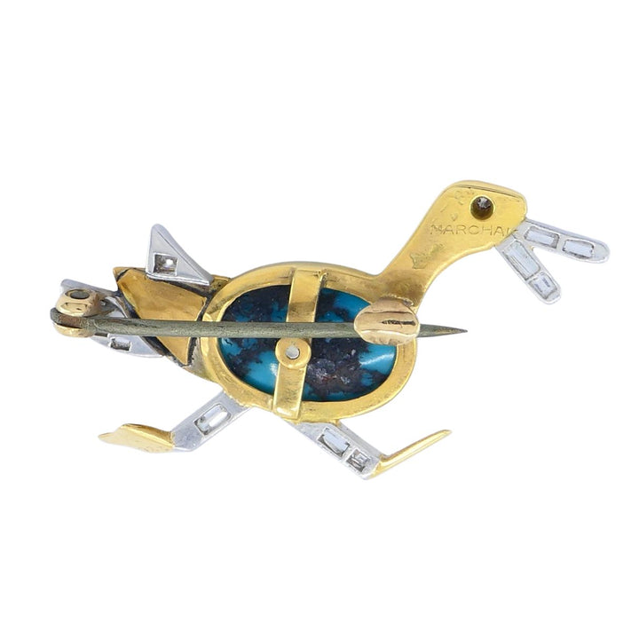 Marchak French 18k Gold Platinum Diamond Turquoise Duck Brooch