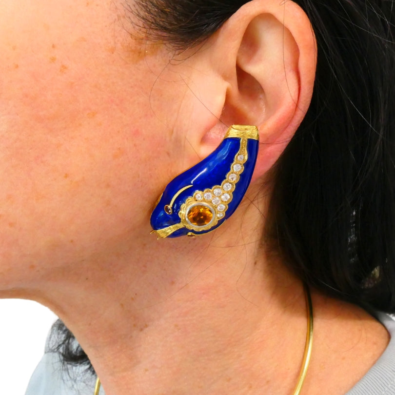 Vintage French 1950s Snake Earrings 18k Gold Platinum Blue Enamel Gemstones